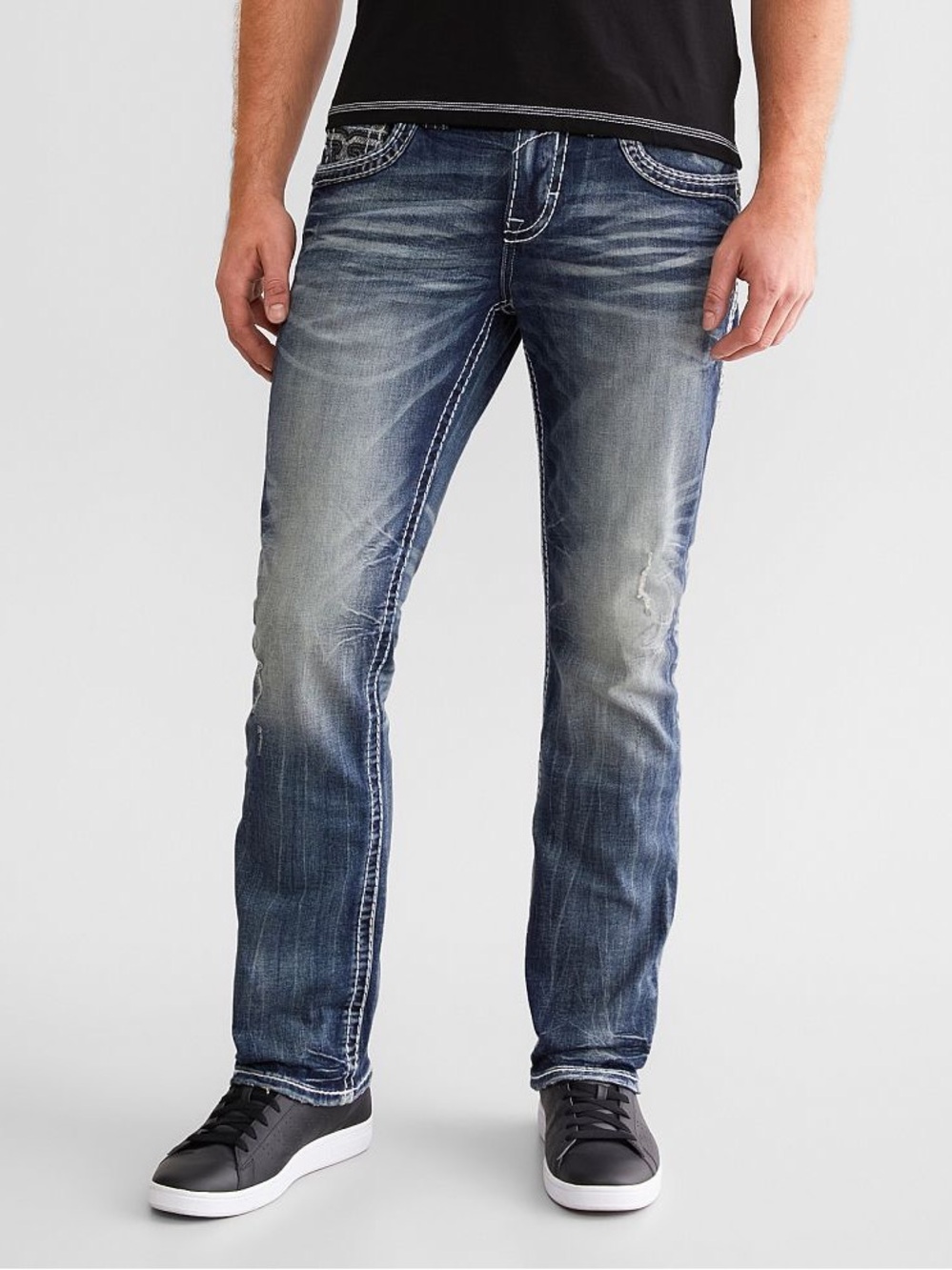 Rock Revival Toby Straight Distressed Snake Skin Printed Blue Jeans 32W/32L - Picture 3 of 13